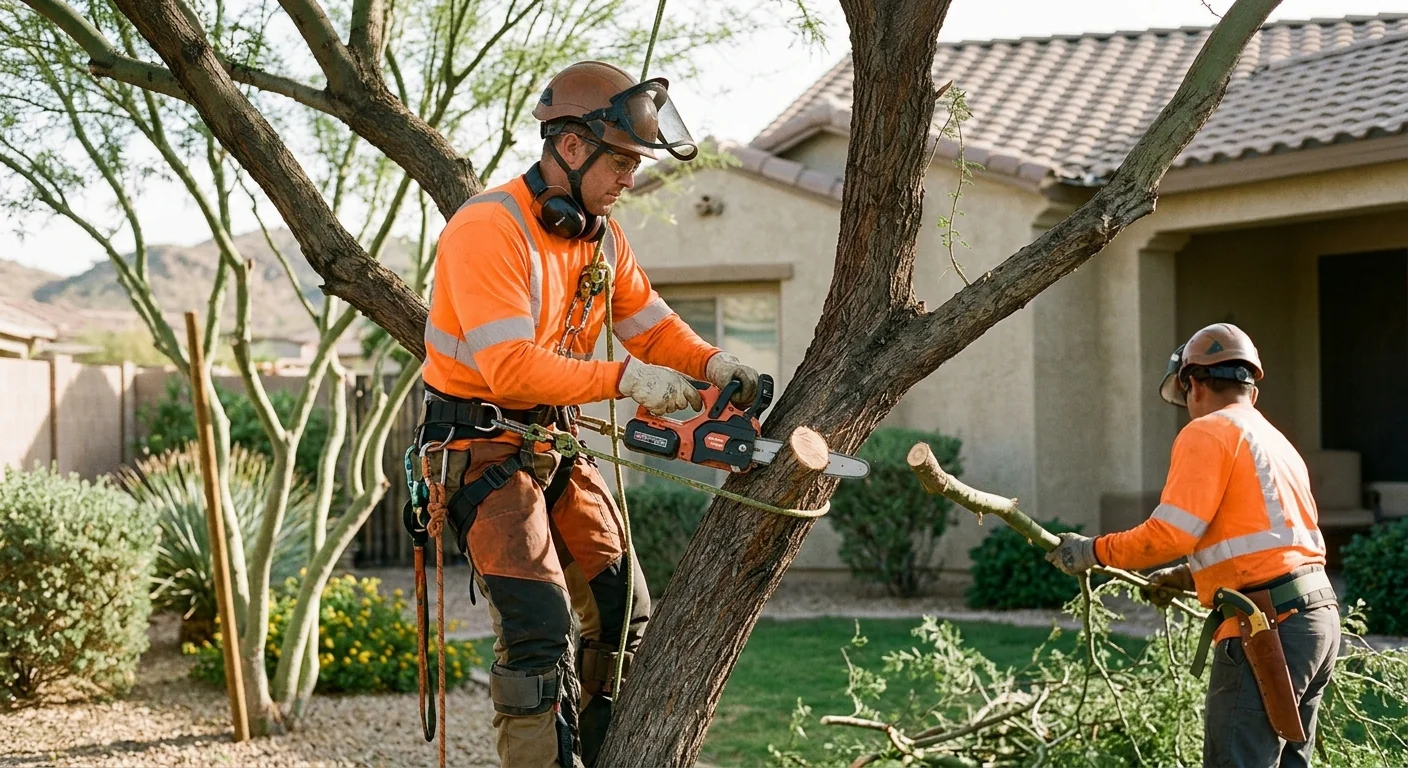 Crew clearing dense brush and undergrowth from a desert-edge Buckeye property lot