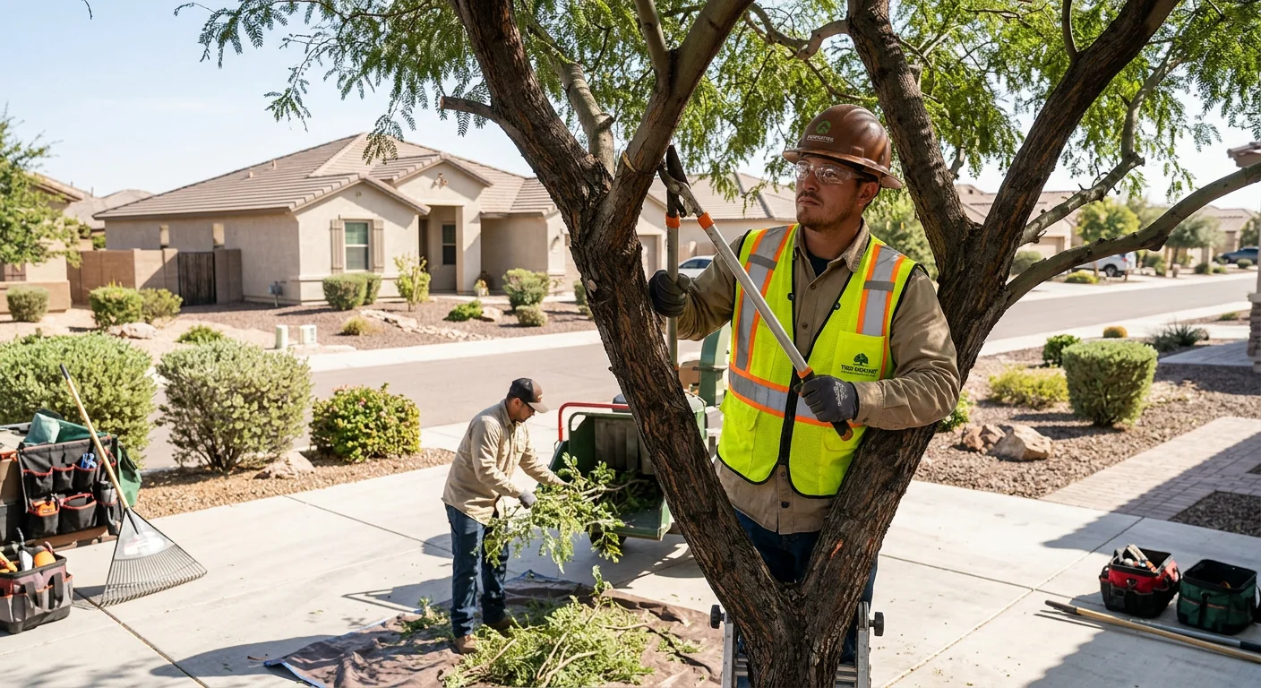 Crane and crew preparing a large tree removal setup