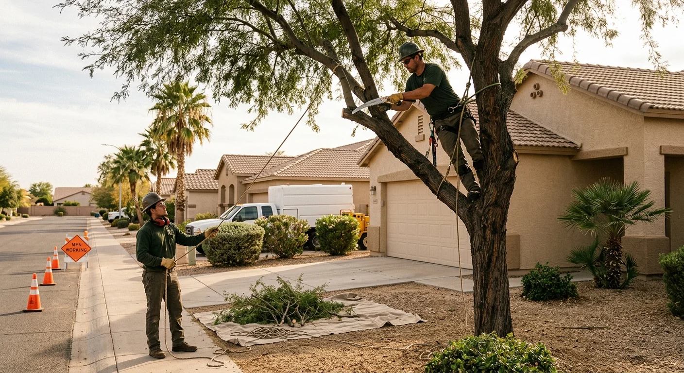 Mobile crane lifting a large trunk section over a Buckeye backyard