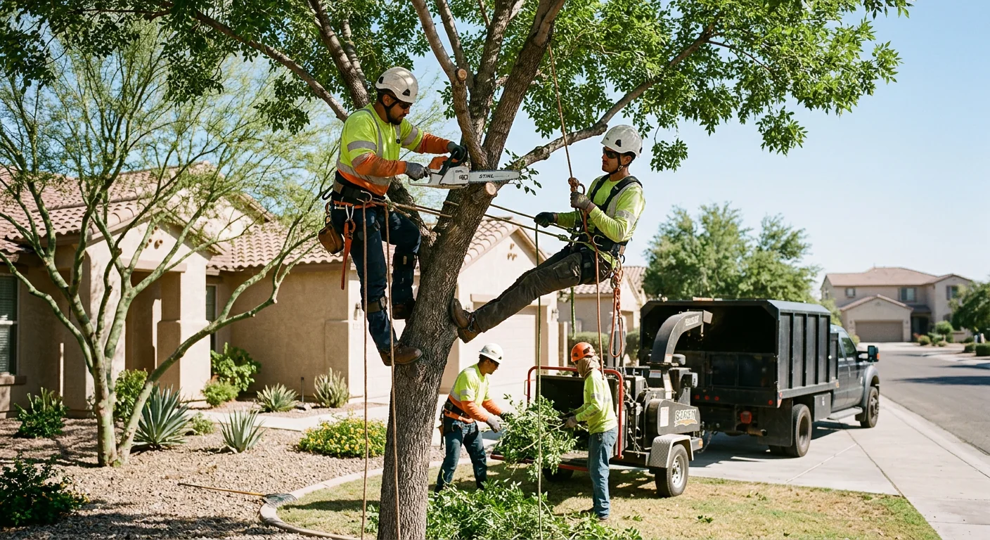 Crane lifting a large tree section clear of a Buckeye home