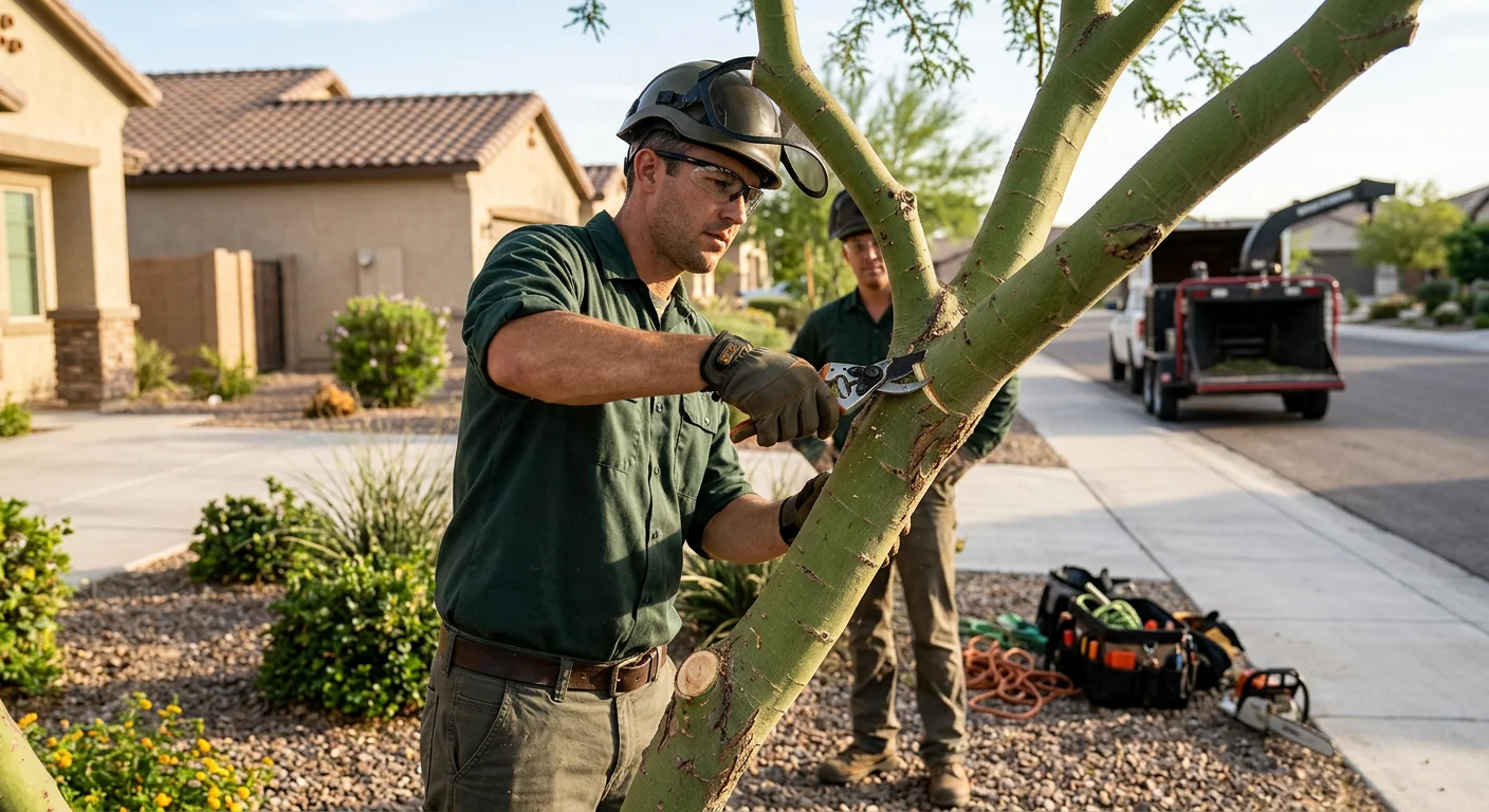Arborist coordinating rigging during crane tree removal