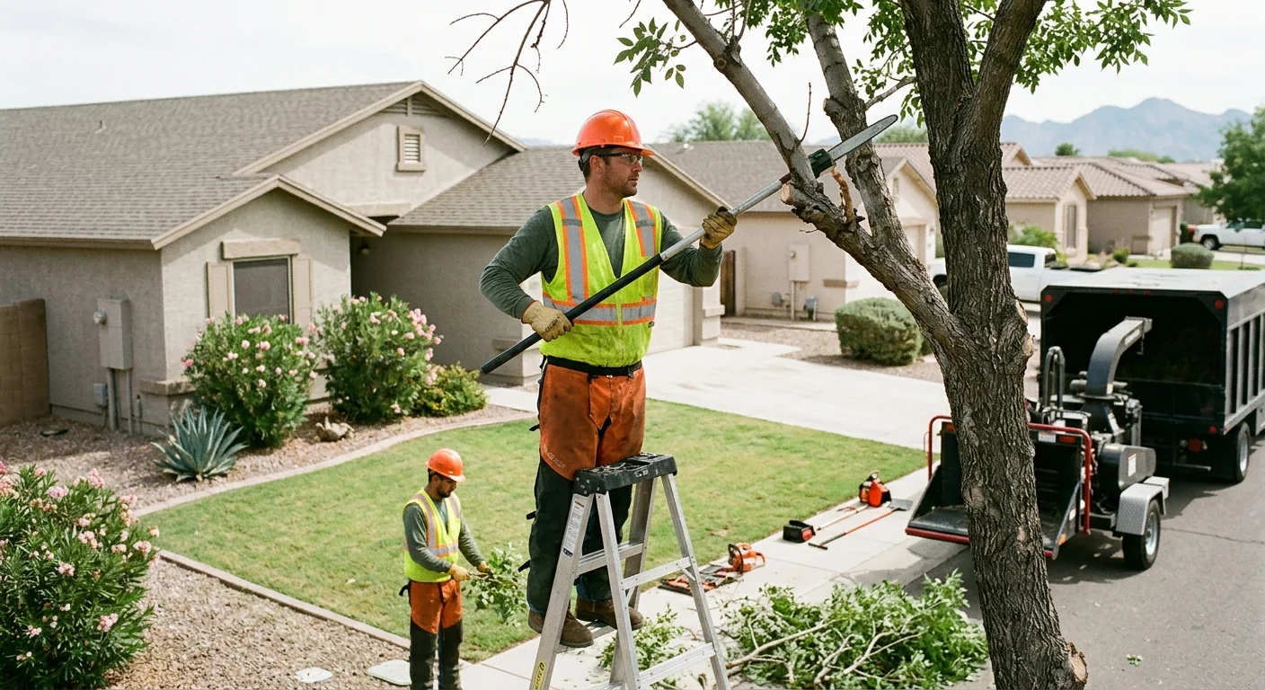 Crew reviewing an emergency tree removal estimate on site