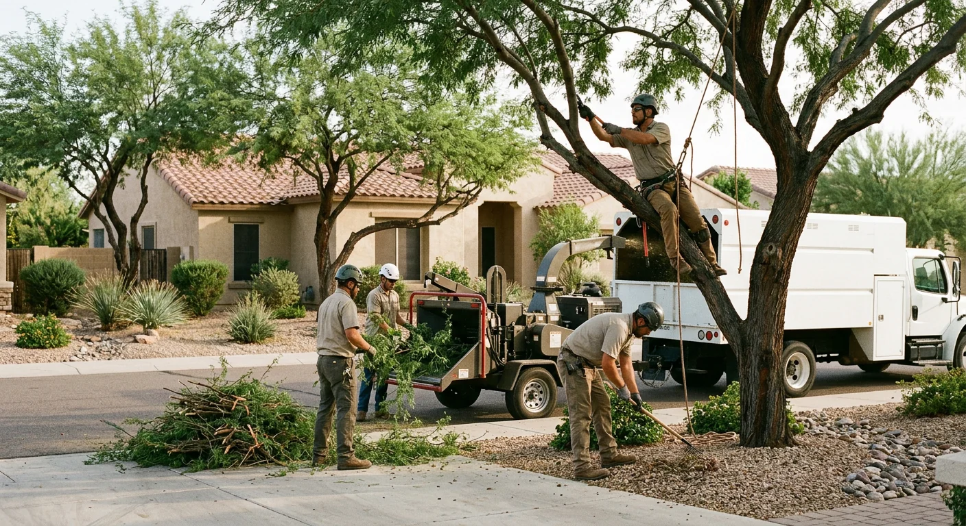 Arborist rigging a storm-damaged tree for safe removal on a Buckeye property