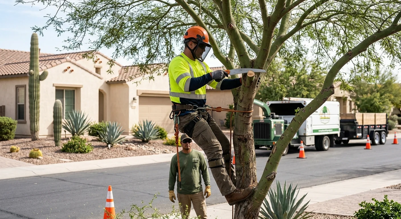 Crew rigging a storm-damaged tree for safe removal in Buckeye