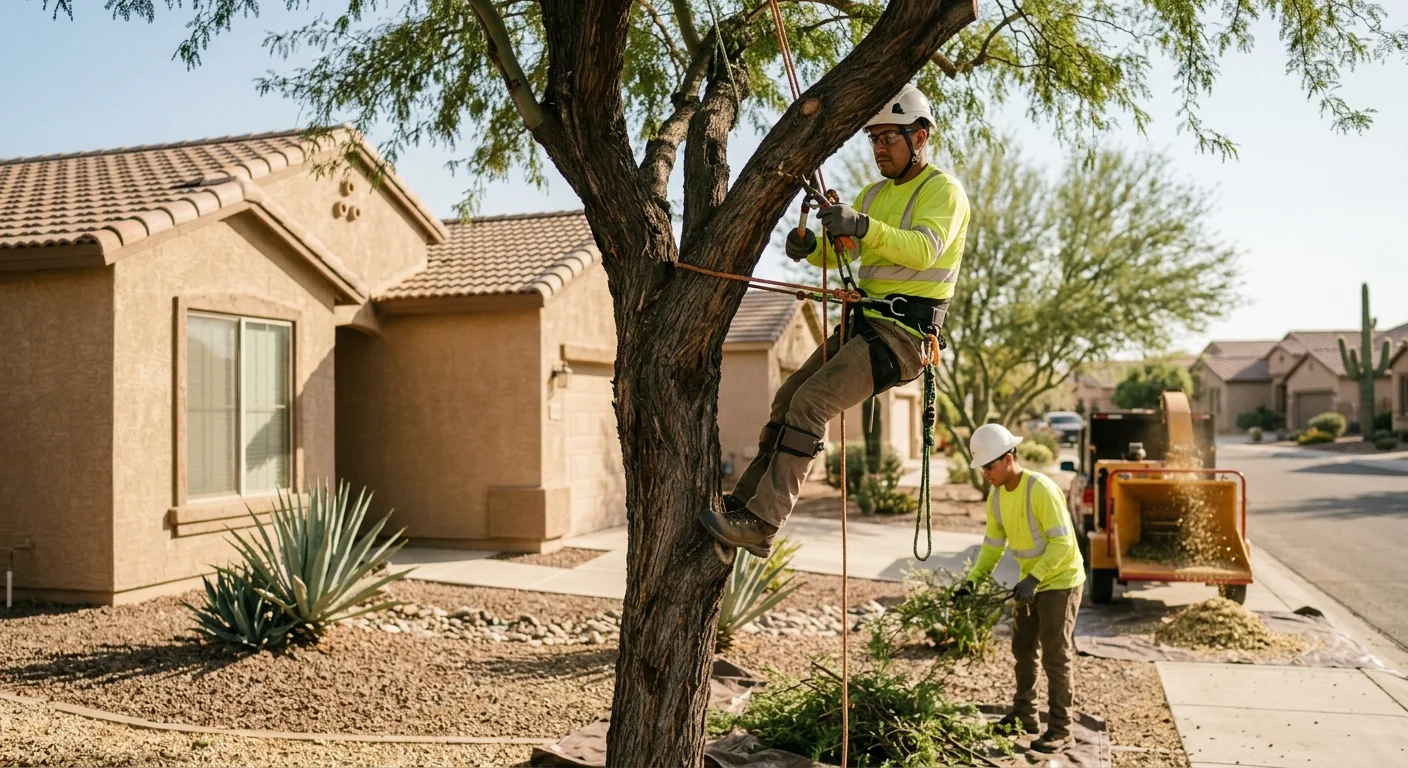 Arborist removing a leaning hazardous tree near a Buckeye home