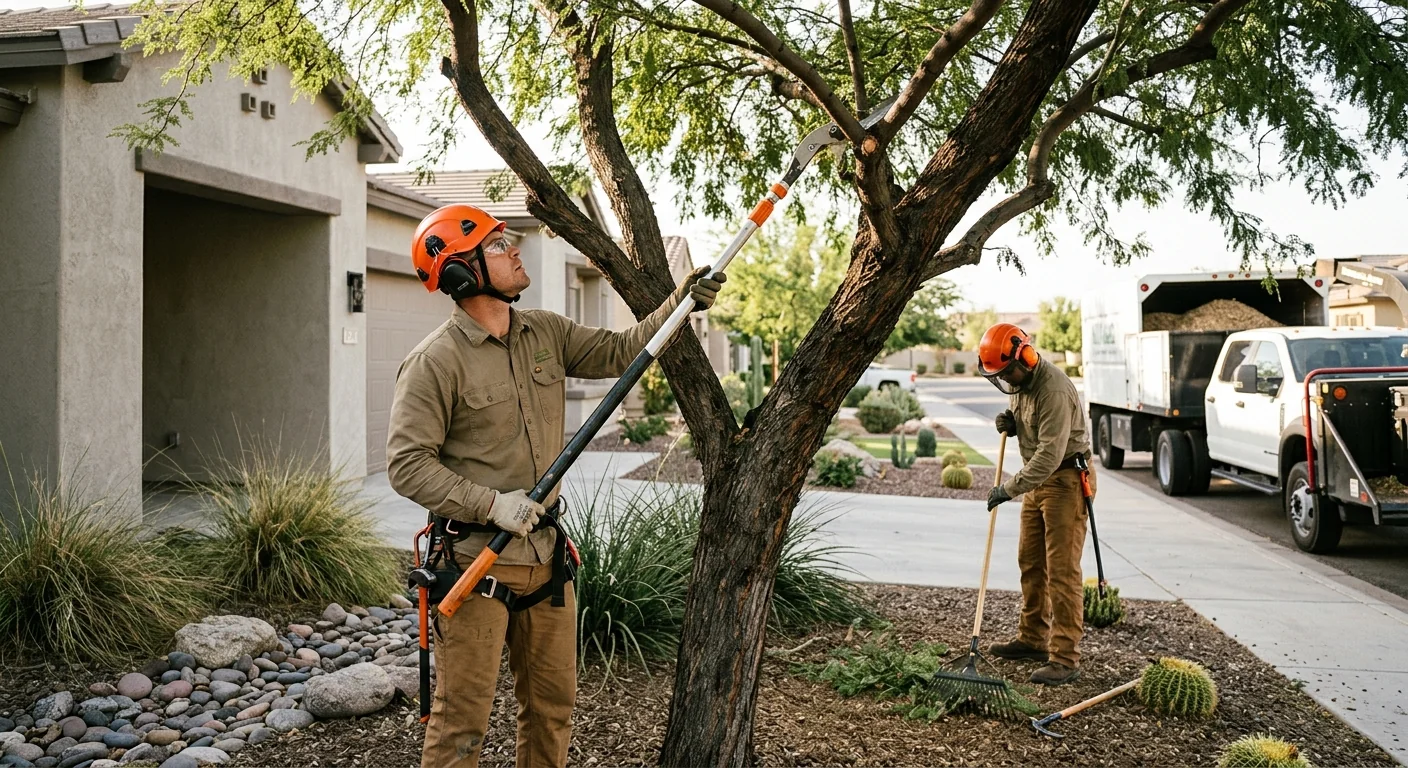 Crew performing controlled hazardous tree removal in a Buckeye backyard