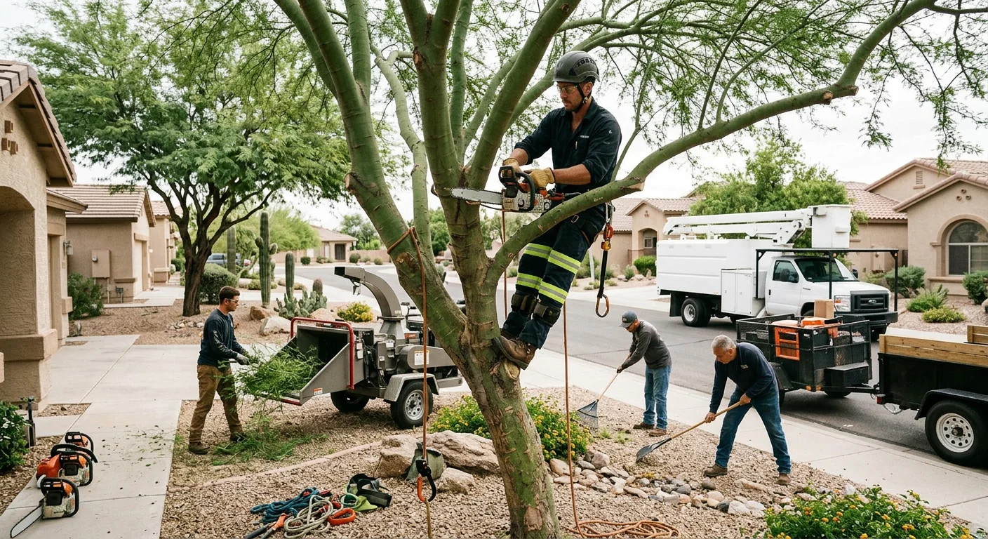 Crew clearing brush and small trees on a Buckeye residential lot