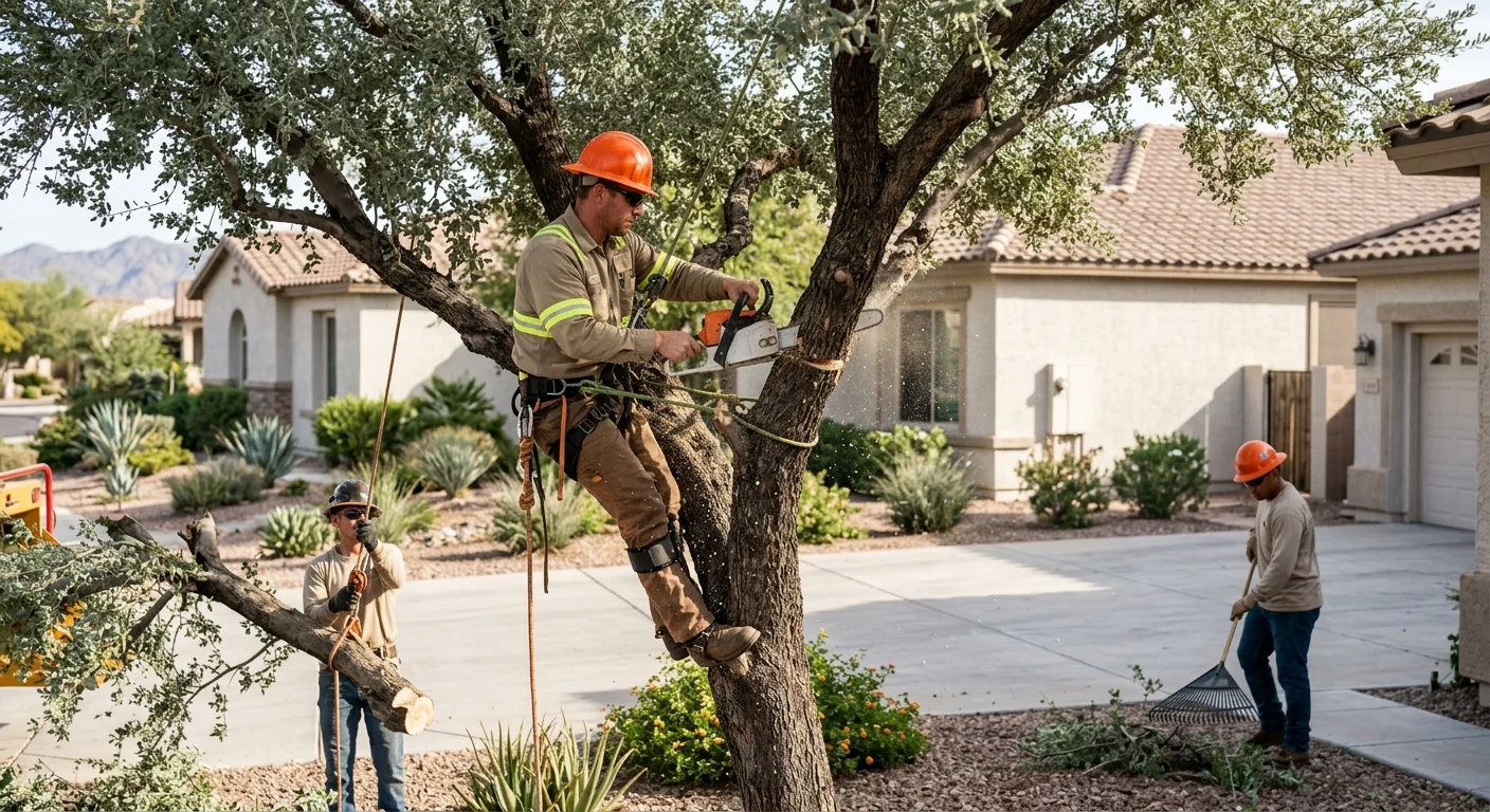 Arborist measuring a storm-damaged tree for cleanup pricing