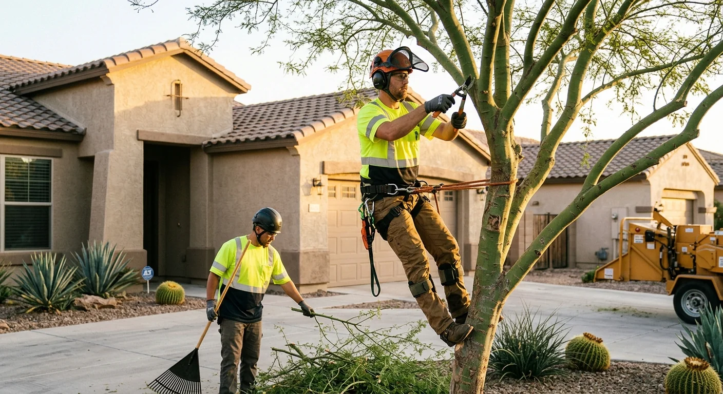 Crew clearing storm-damaged tree limbs from a Buckeye residential yard