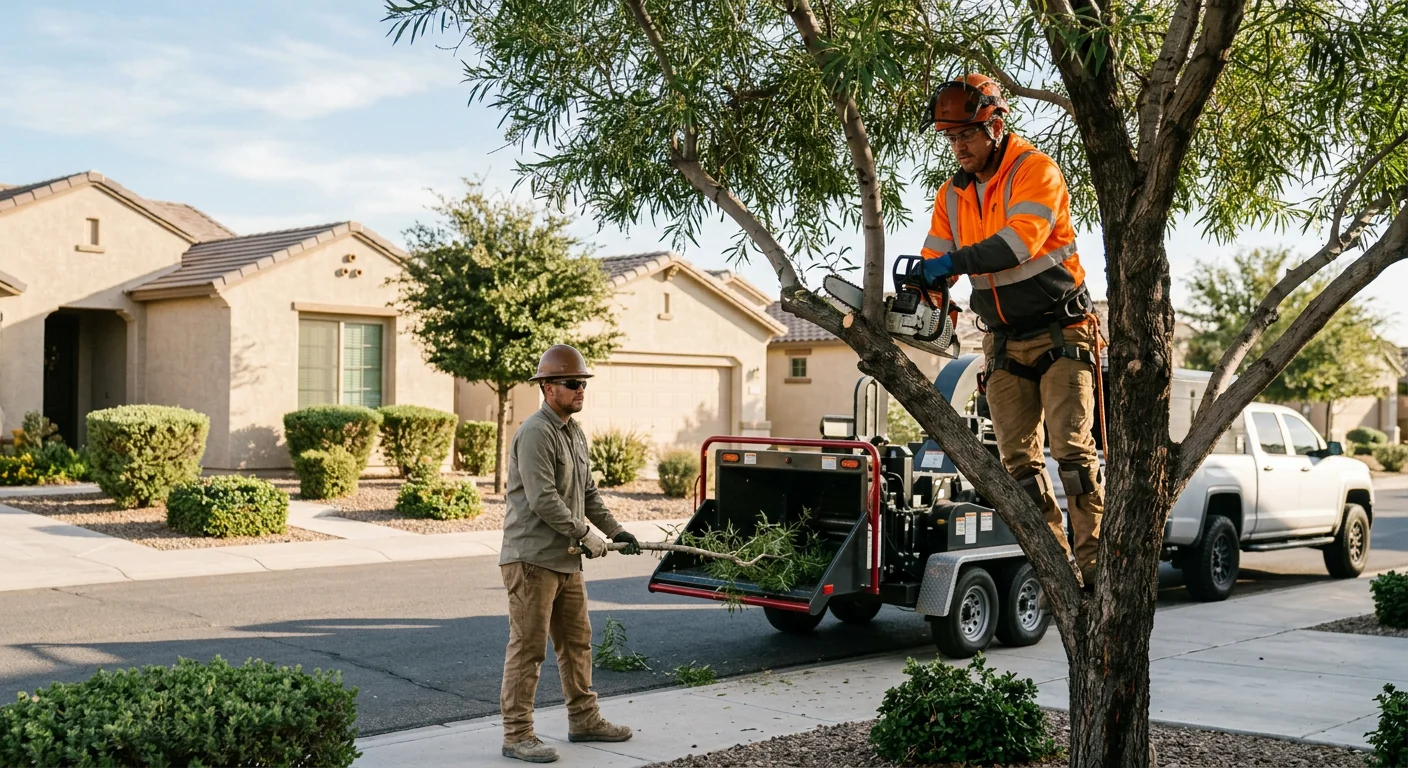 Tree crew rigging a storm-damaged limb for controlled removal in Buckeye