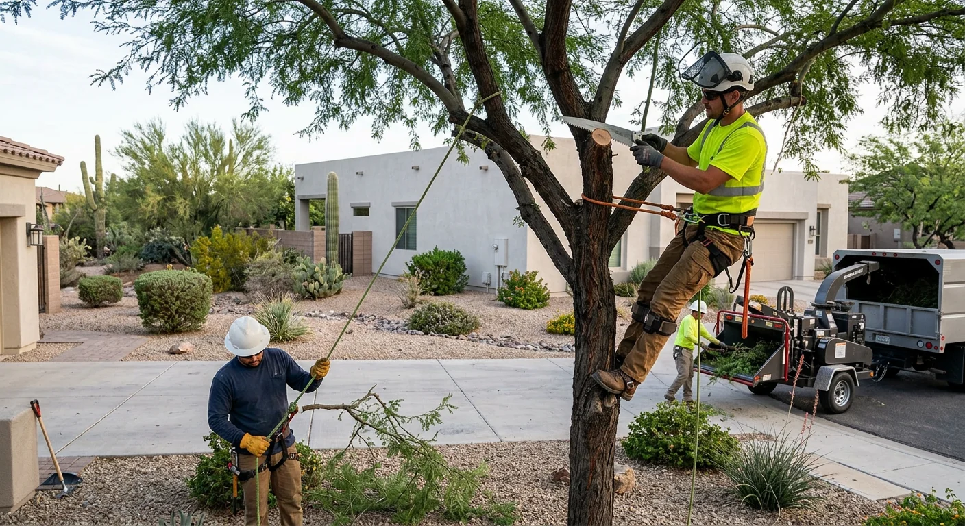 Crew grinding a tree stump below grade in a Buckeye backyard