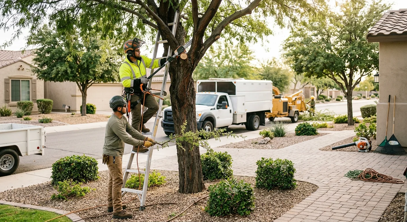 Technician operating a stump grinder on a Buckeye front yard