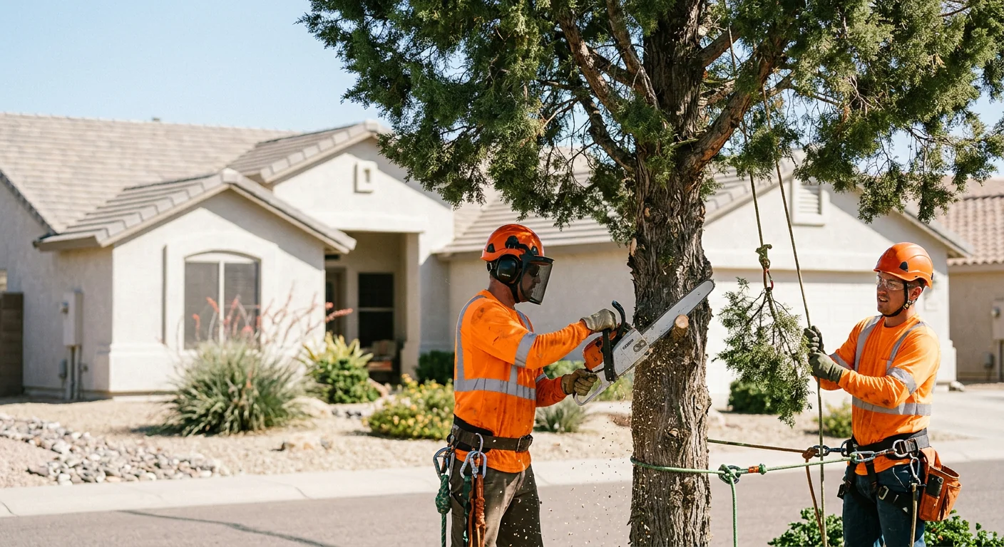 Arborist installing support cable in a mature tree canopy on a Buckeye property