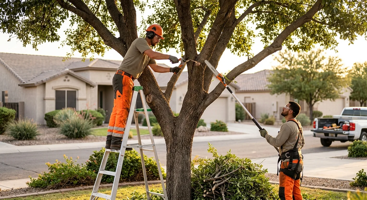 Arborist inspecting a mature shade tree canopy on a Buckeye residential property