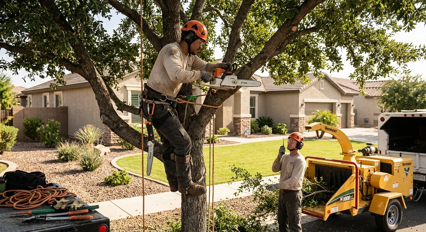 Technician performing precise pruning cuts on a healthy shade tree in Buckeye
