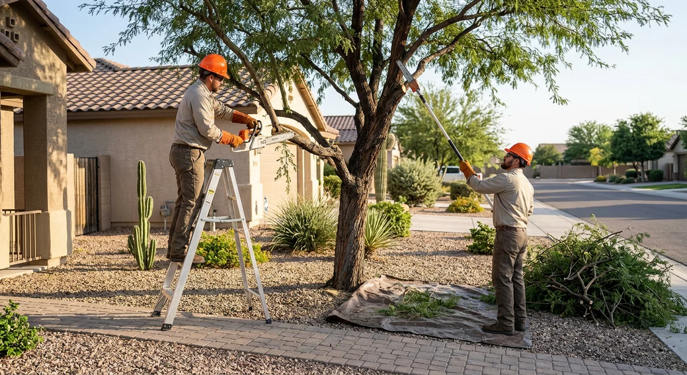 Crew positioning a young tree with correct root-flare depth in a Buckeye yard
