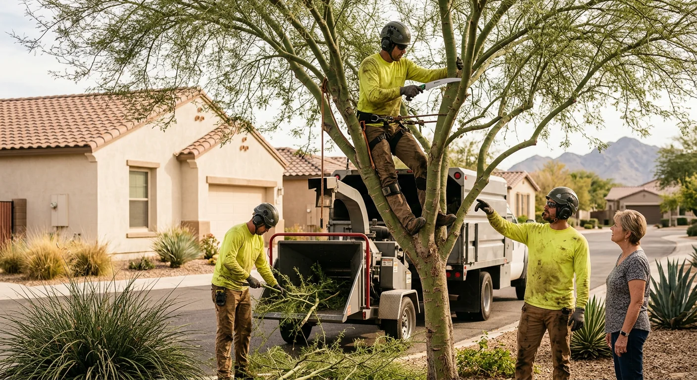 Newly planted desert-adapted tree with measured mulch basin on a Buckeye property