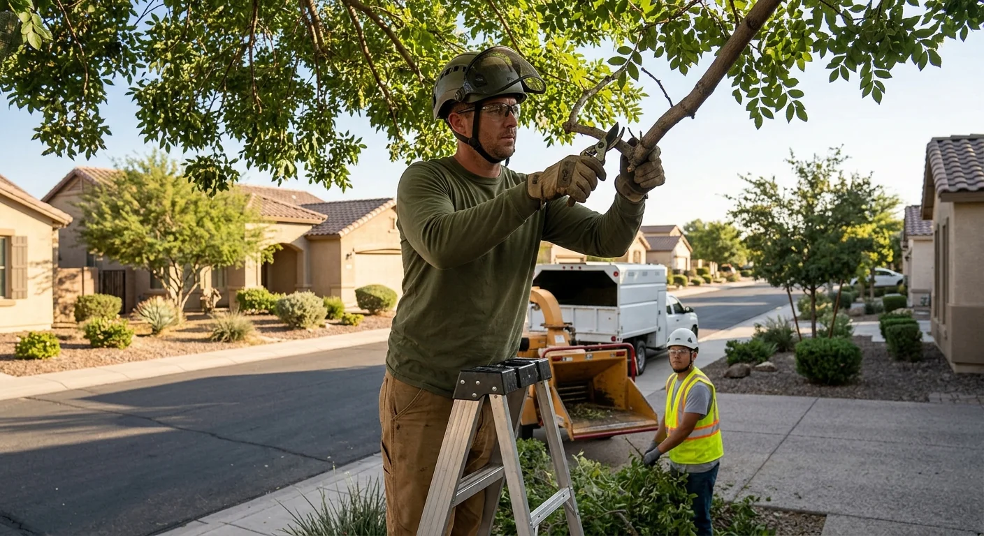 Written pruning estimate reviewed beside a residential shade tree