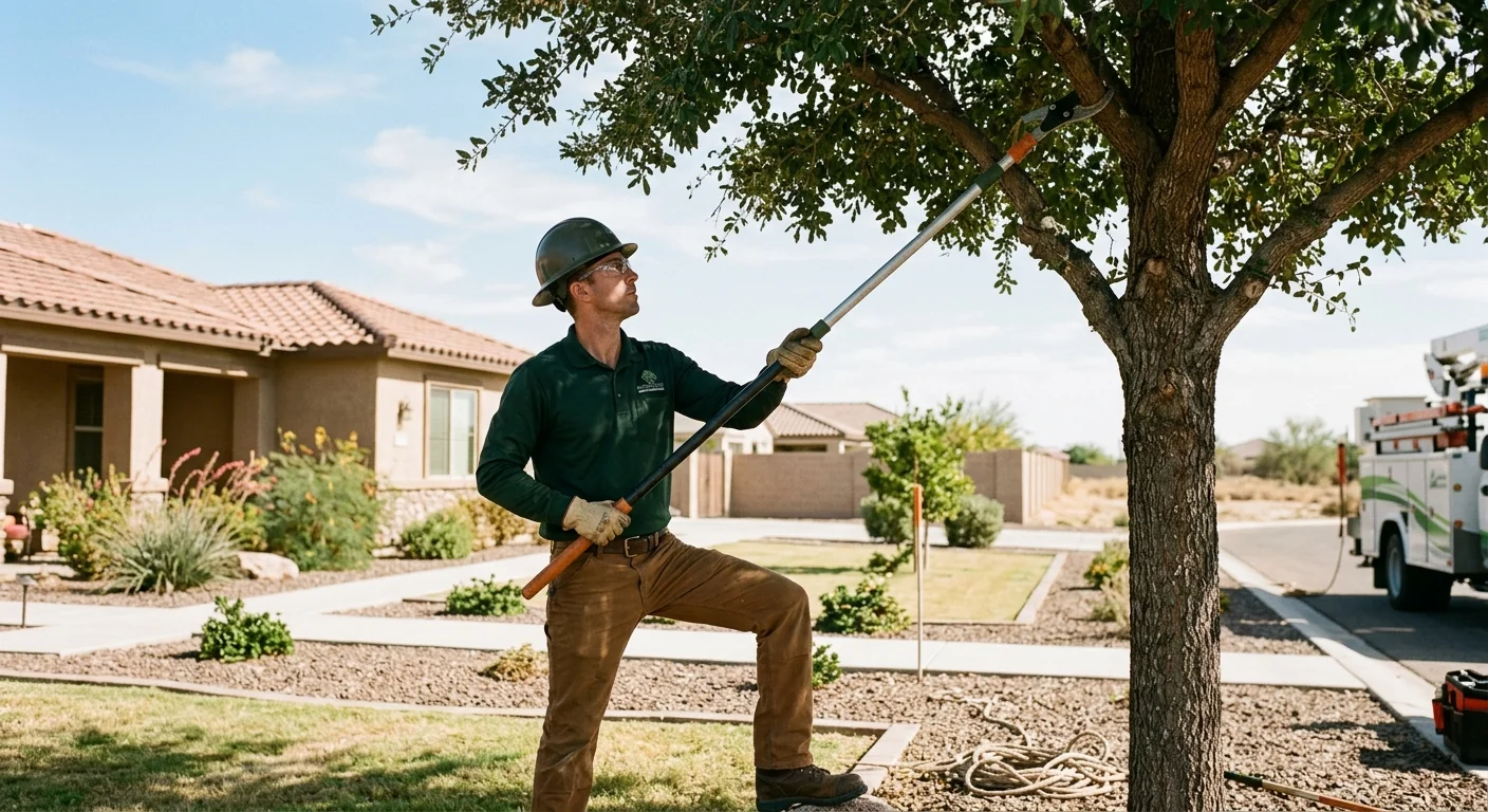 Arborist making precise pruning cuts on a mature shade tree in Buckeye