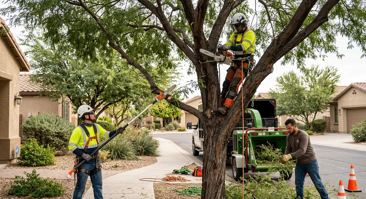 Crew reviewing pruning results during a post-job walkthrough