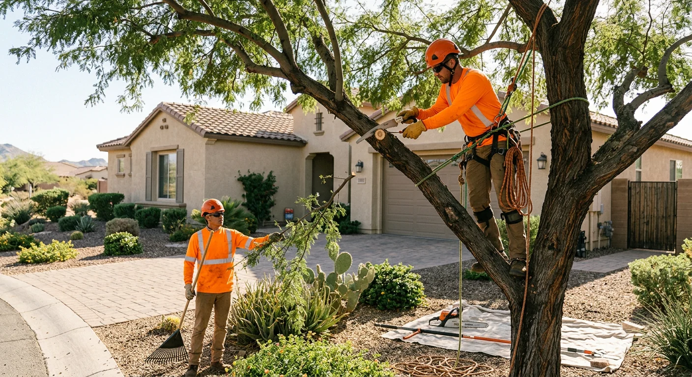 Crew measuring a large tree before removal work