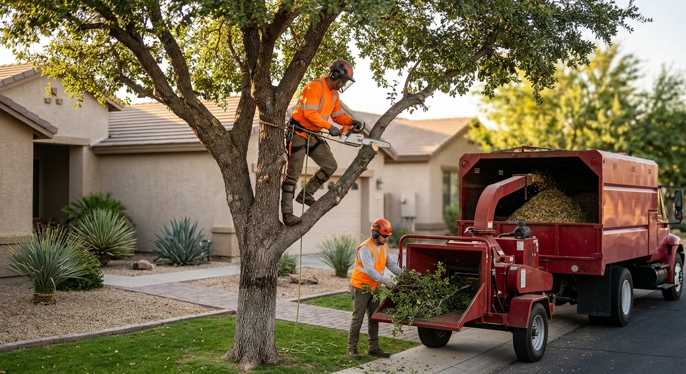 Arborist performing controlled tree removal near a residential home in Buckeye