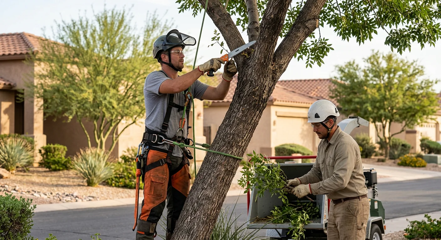 Crew performing controlled sectional tree removal on a Buckeye residential lot