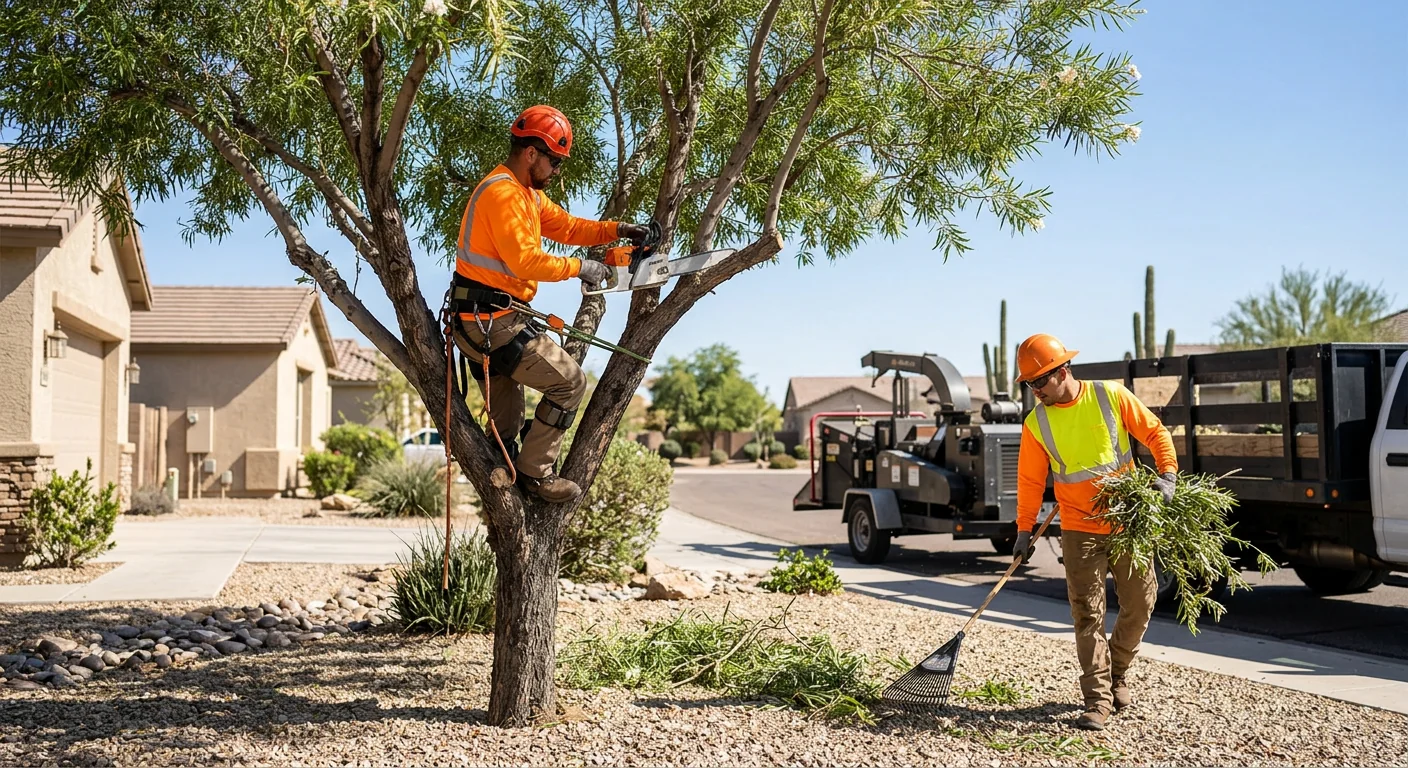 Certified arborist inspecting a mature tree trunk for structural defects in Buckeye