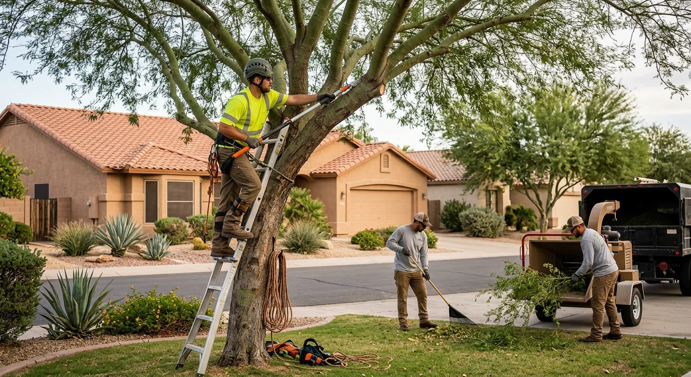 Specialist documenting tree defects with measuring tools on a Buckeye residential property