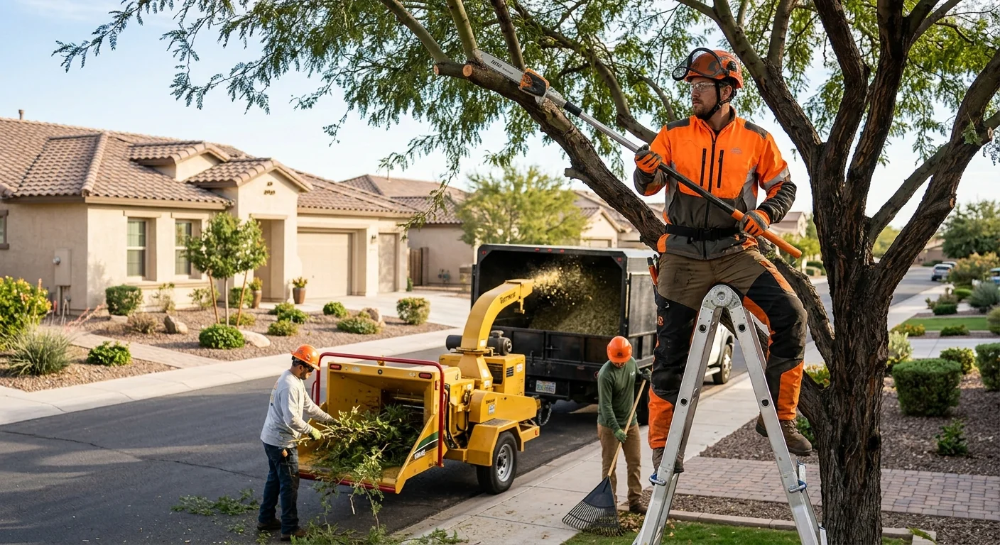Tree care team pruning canopy limbs to preserve a tidy Buckeye landscape