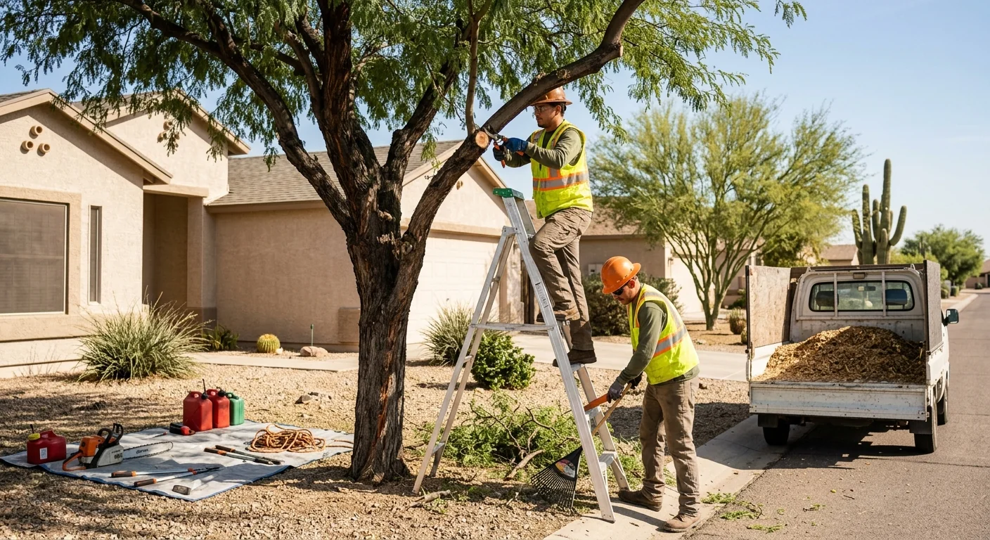Arborist reviewing completed tree work with a homeowner during a post-job walkthrough