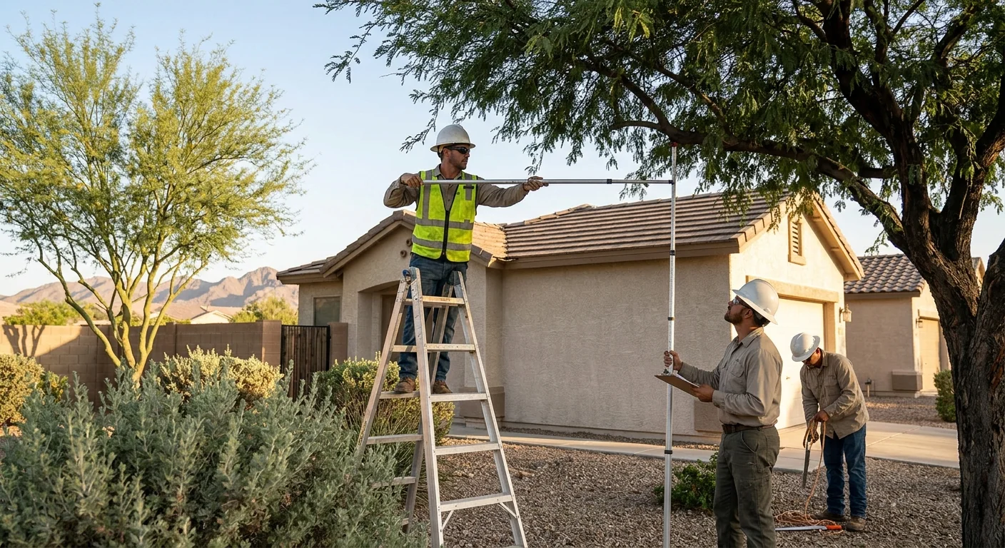 Crew measuring canopy clearance near a home before pruning work in Buckeye