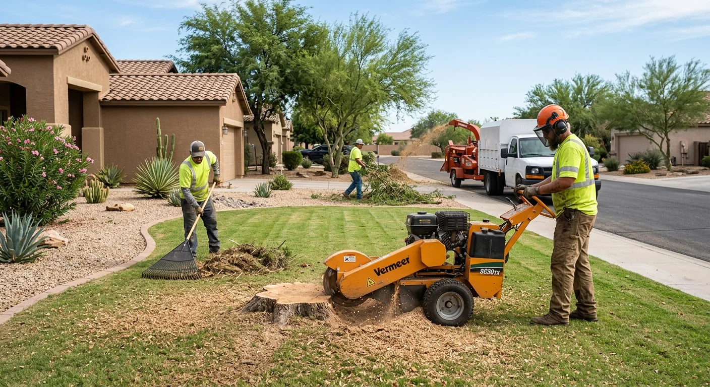 Stump grinding and brush cleanup underway on a tidy residential lot