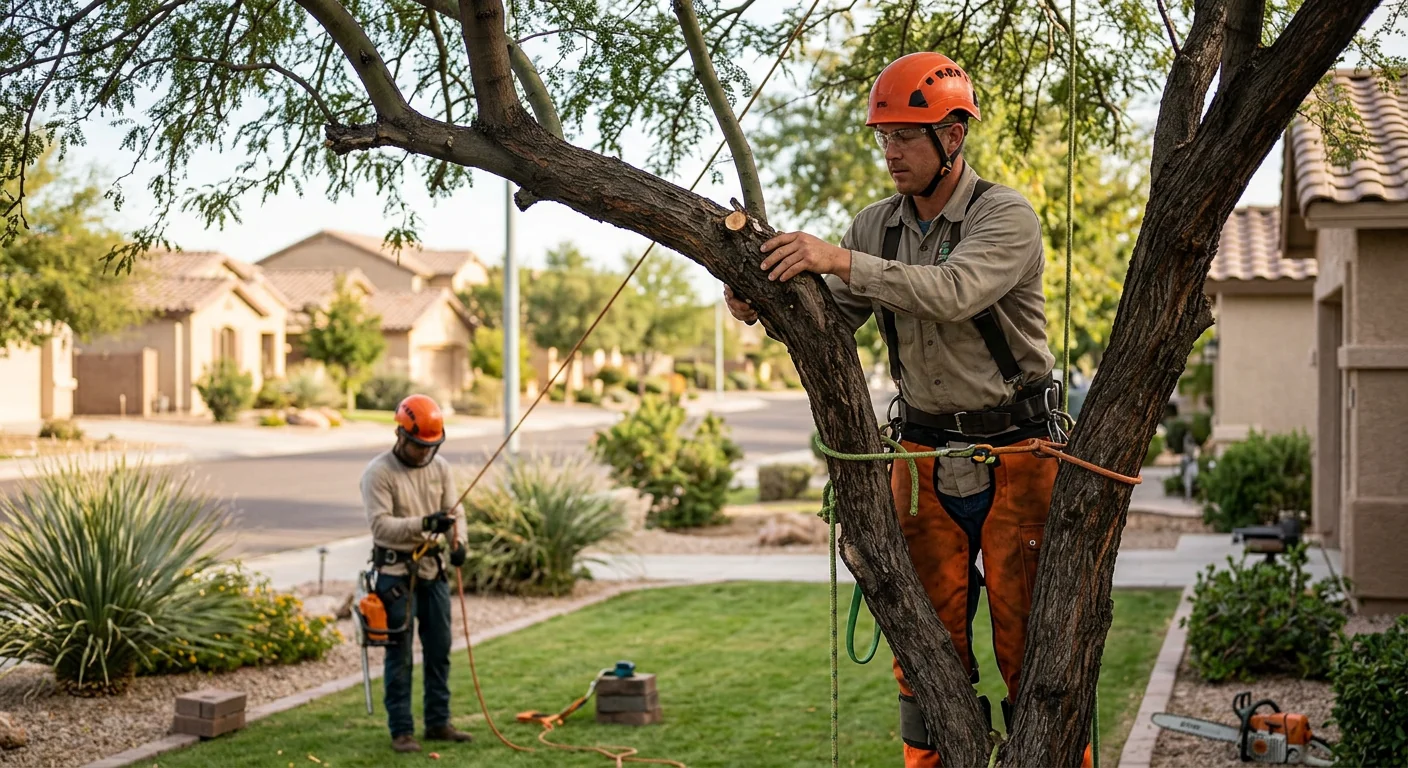 Arborist reviewing tree care plan at a Buckeye property
