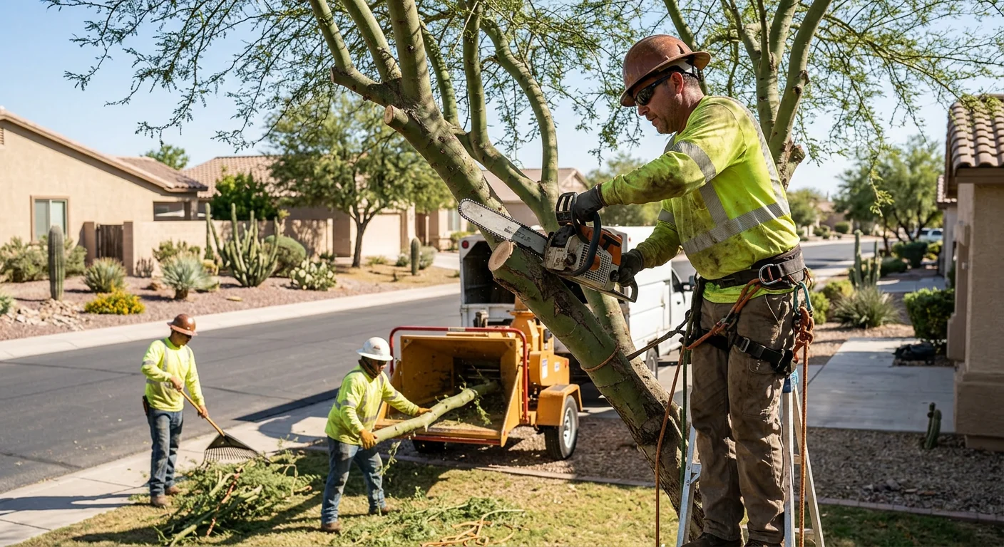 Tree service crew staging chippers and rigging gear on a Buckeye desert lot