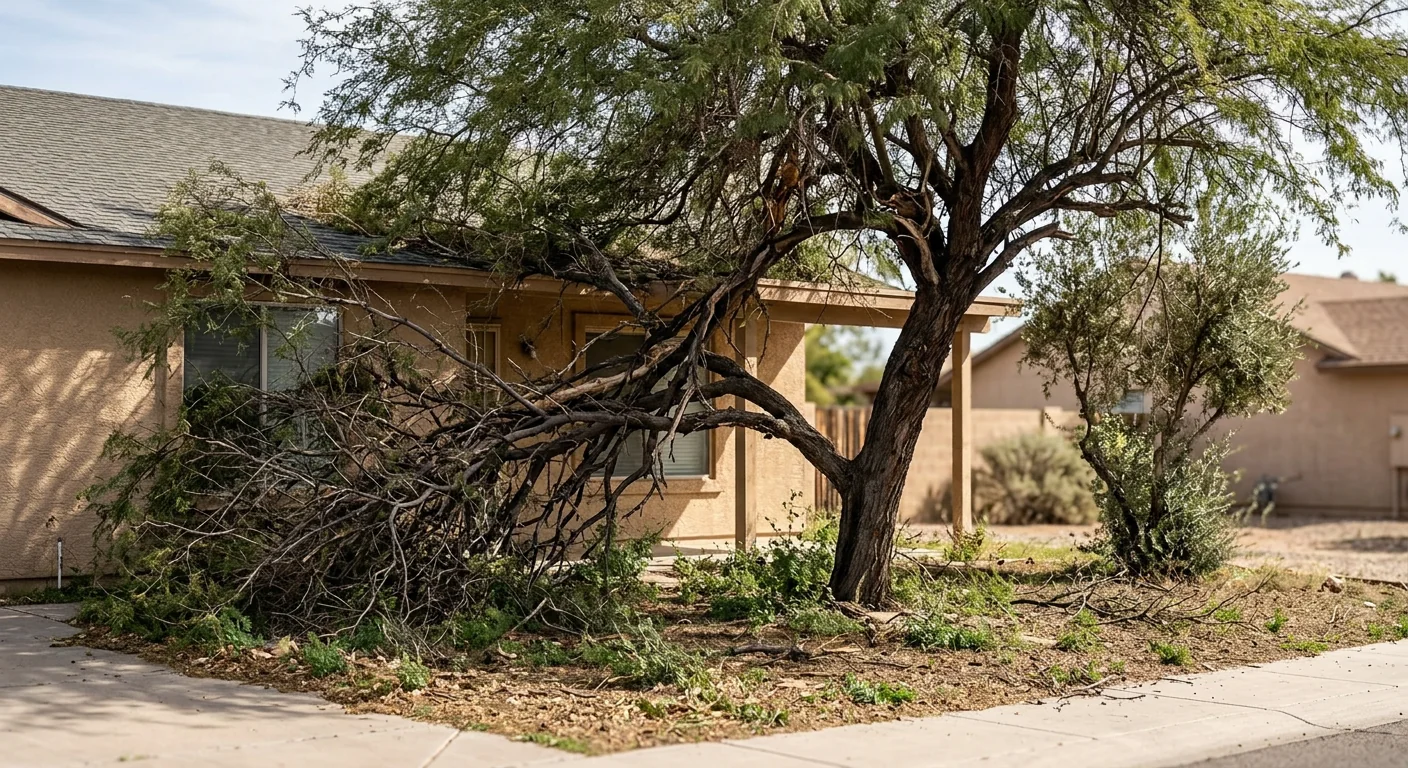 Overgrown and storm-stressed trees crowding a Buckeye residential property