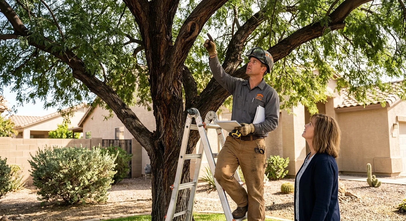 Certified arborist inspecting a mature tree canopy before pruning in a Buckeye backyard