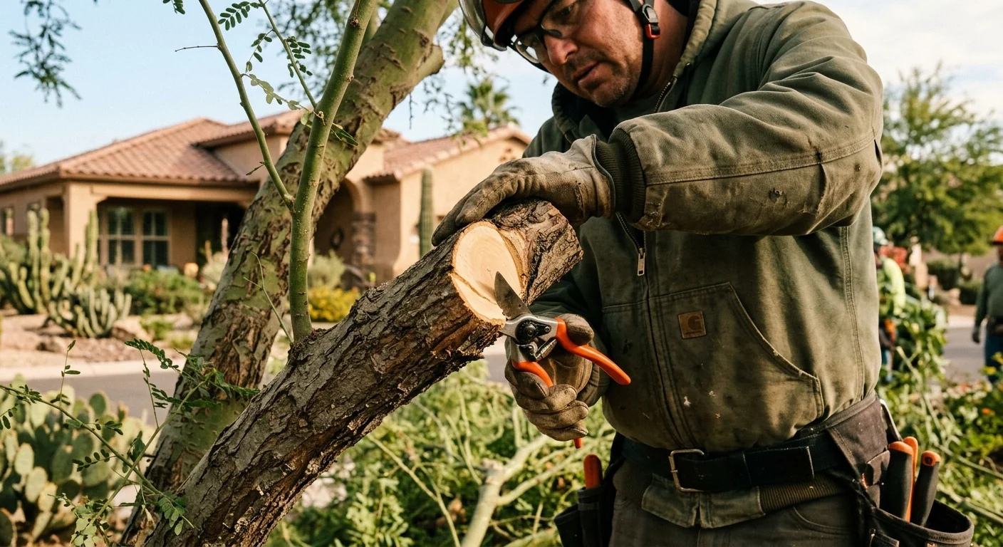 Close-up of clean pruning cut on a thick tree branch showing proper collar technique