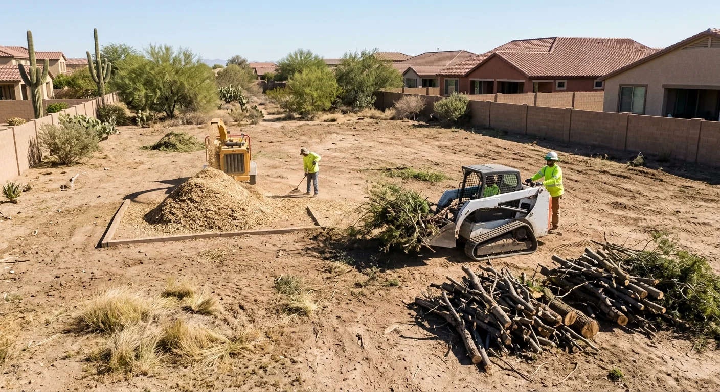 Wide view of a residential lot cleared of brush with organized debris staging