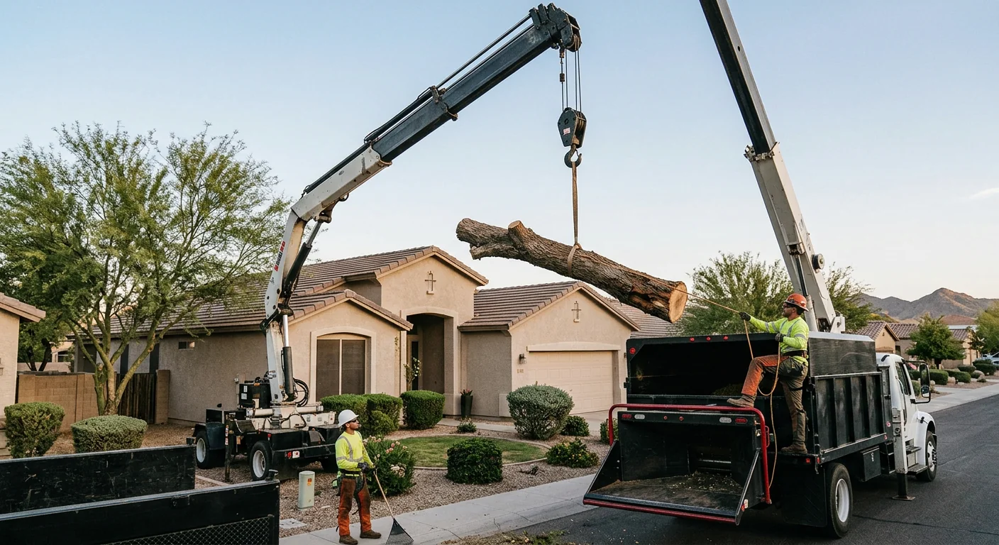 Crane lifting a large tree section over a house during controlled removal