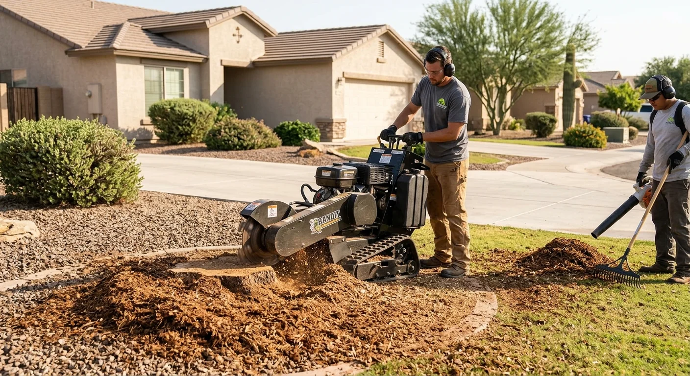 Stump grinder reducing a tree stump to level mulch in a suburban yard