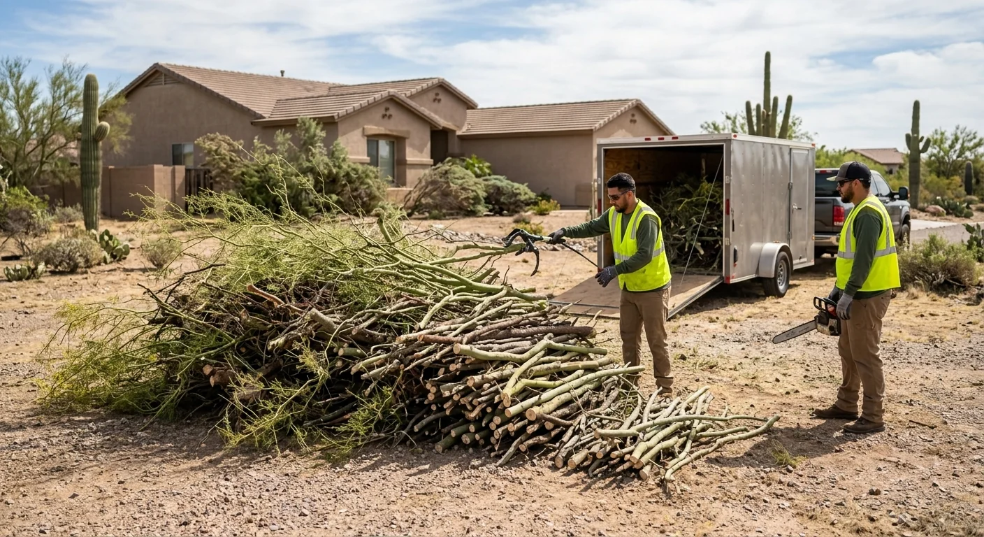 Storm-damaged branches gathered and stacked neatly after cleanup on a desert property
