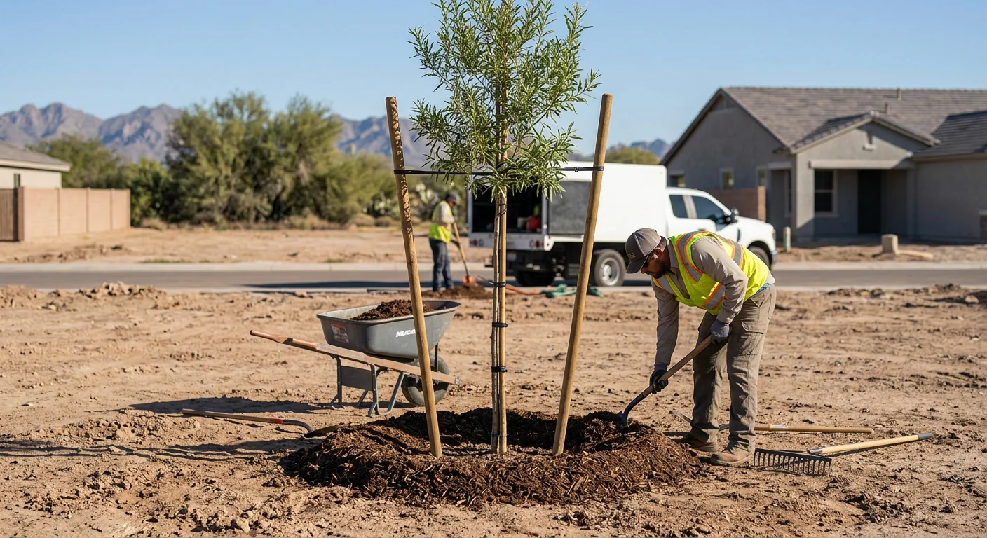 Freshly planted young tree staked and mulched on a graded residential lot