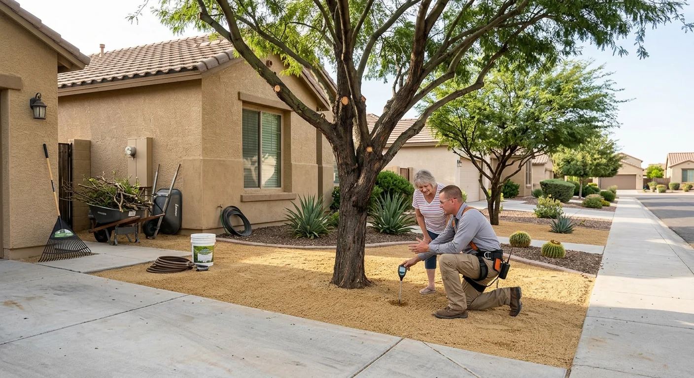 Finished front yard with neatly trimmed trees and cleared ground in Buckeye