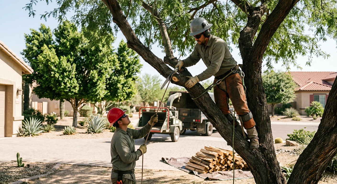 Arborist inspecting rigging and safety gear before a tree removal in Buckeye