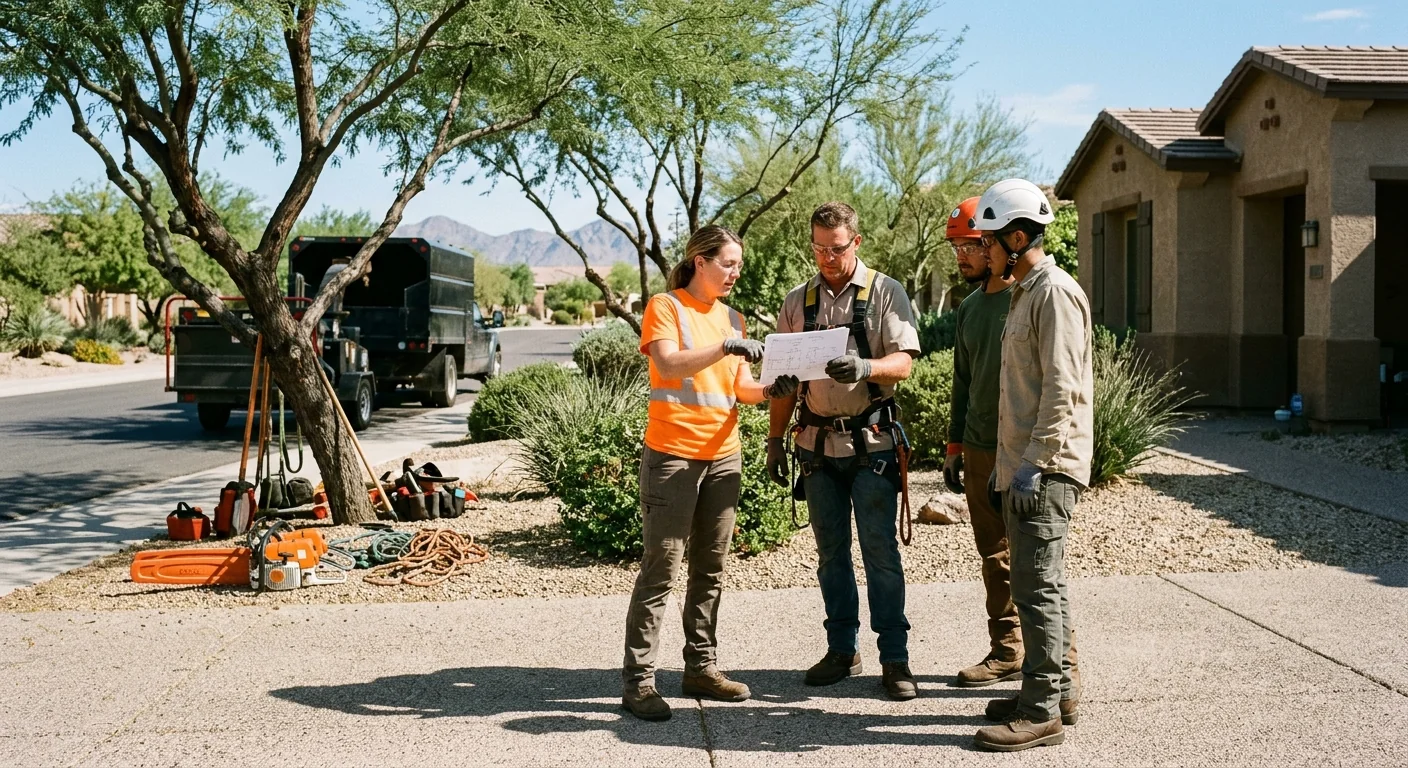 Crew reviewing a written tree care plan on a Buckeye property