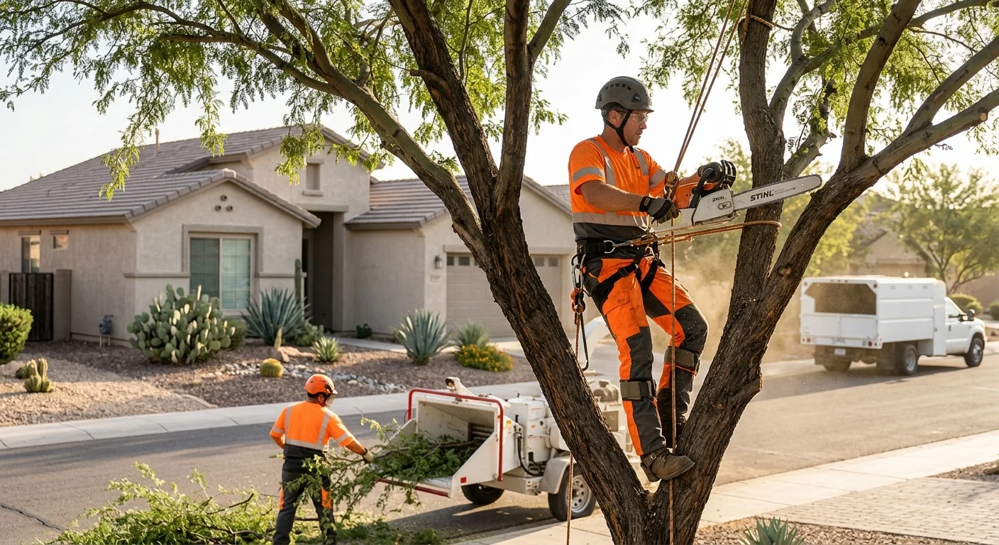 Tree service technicians organizing rigging ropes chainsaws and climbing gear before a job