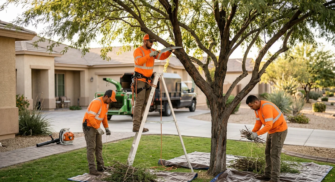 Crew reviewing a tree trimming estimate onsite