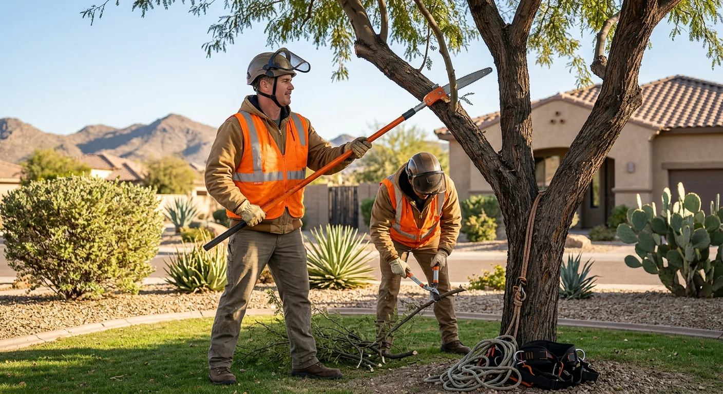 Arborist shaping a desert tree canopy on a residential Buckeye property